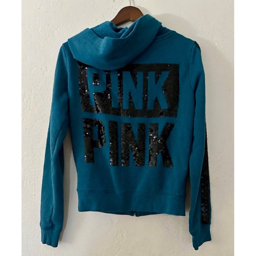 Y2K Vintage Style VS PINK Teal Sequin Sleeve Full-Zip Hoodie Sweatshirt Small